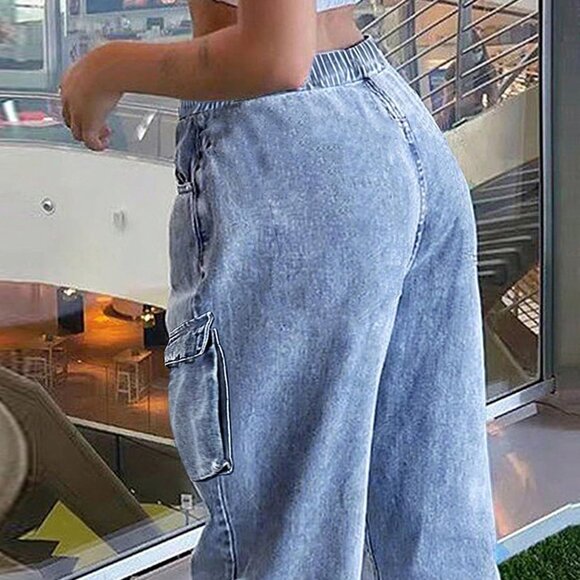 Stylish Mid Rise Cargo Jeans for Women - Elastic Waist, Wide Leg, 4 Pockets - Picture 6 of 7